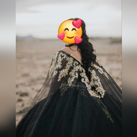 Prom Wedding Quinceañera Black Gold Ball Gown Iridescent gems detachable cape - Picture 9 of 10